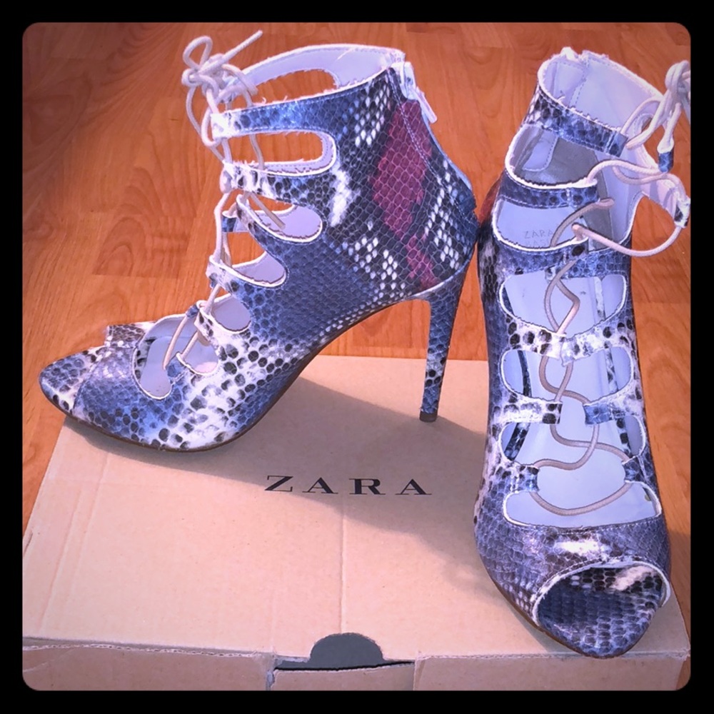 Zara lace up snake print leather heels